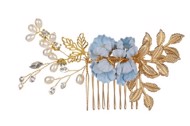 Hårkam: Smuk hårkam blå/guld blomster, mellemstørrelse (Version 2)